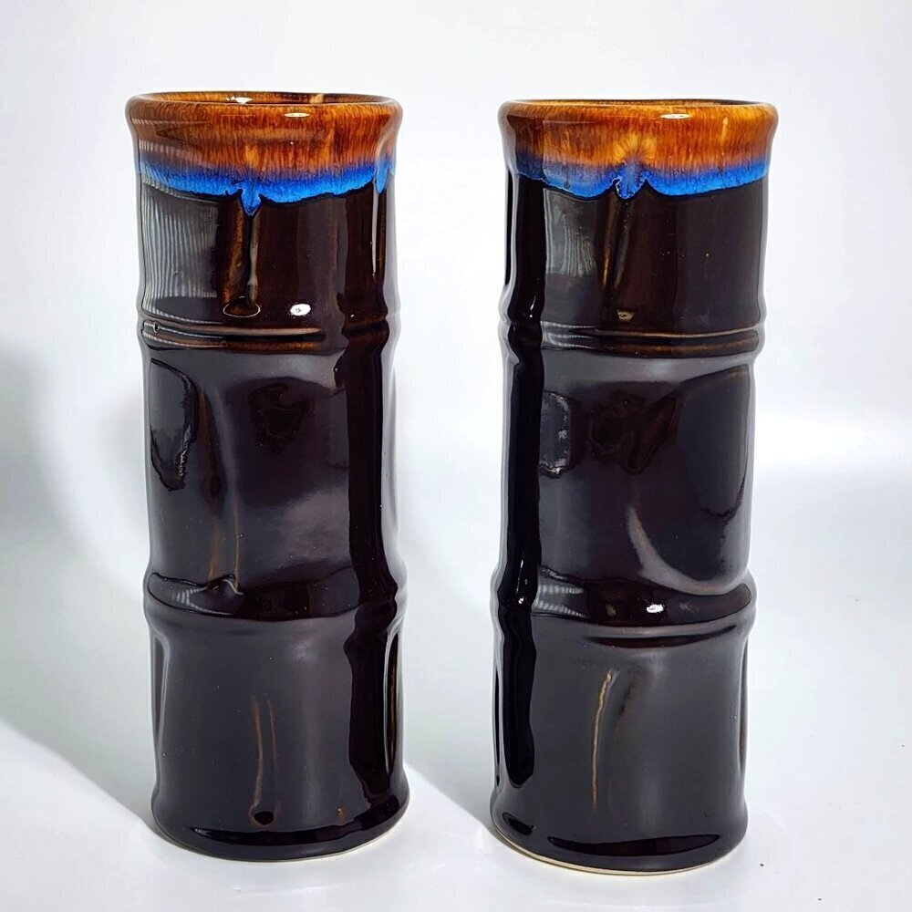 2 Libbey Ceramic Tiki Tall Volcano Drip Bamboo Style Cocktail Tumbler Set VTG